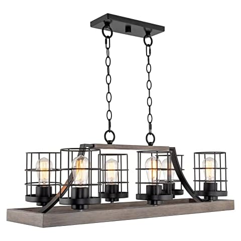 Kira Home Mayfield 34" 4-Light Farmhouse Kitchen Island Light + Cage Style Shades, Weathered Ash Wood Style + Black Finish Cover