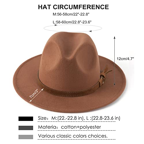 Hudanhuwei Unisex Wide Brim Felt Fedora Hats Men Women Panama Trilby Hat With Band Khaki L (Head Circumference 22.8"-23.6") #TOP2