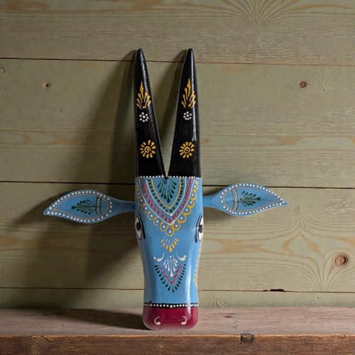 Image of DEAL-ART-CRAFT Handpainted Wooden Cow Head Wall Decor for Living Room, Puja Room, Housewarming Gift, 12 inch (Blue)