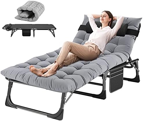 DoCred Folding Lounge Chair with Mattress, 4 Position Adjustable Folding Sleeping Bed Cot Chaise Lounge Chairs Perfect for Sunbathing, Camping, Pool, Beach, Patio