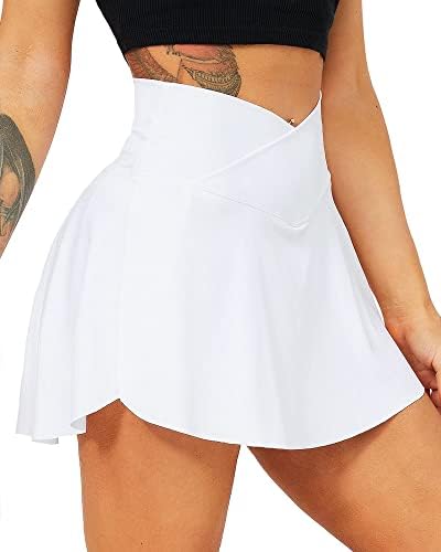 TZLDN Women Tennis Skirt with Shorts Crossover High Waisted Pleated Workout Athletic Golf Skorts Skirts with Pockets V-Waist White - Small