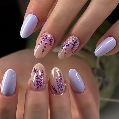 Uñas postizas ovaladas brillantes a presión, 24 piezas, lavanda, para invierno, para fiestas, vacaciones, otoño, invierno, lavanda