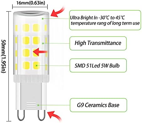 ZEIYEI G9 LED Light Bulbs, 5W, Cool White 6000K, 450LM, Equivalent to 40W G9 Halogen Bulb, Non Dimmable, AC 220V-240V for Lighting Decor, Chandelier Home and More 6-Pack