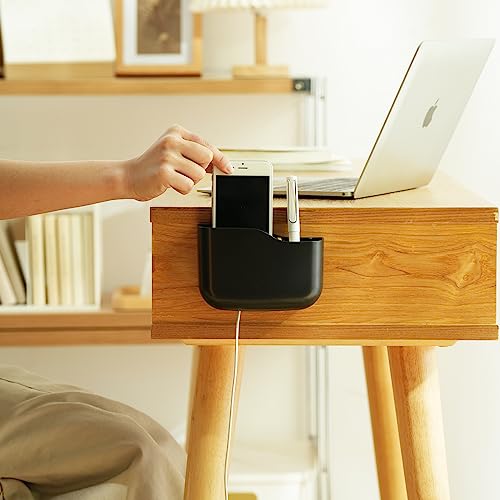 SUNFICON Adhesive Remote Control Holder Wall Mount Media Player Controller Holder Universal TV Remote Organizer Caddy Box Tray Hollow Bottom Slot Easy Phone Charging Home Office Desk Nightstand Black - Thumbnail 2