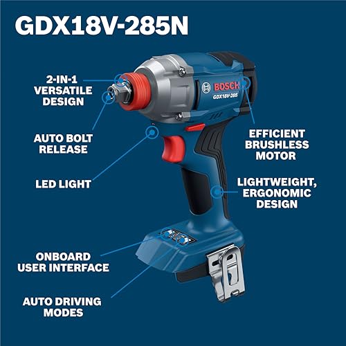 BOSCH GDX18V-285 18V Brushless Mid Torque 2-in-1 Impact Wrench and Driver - 2500 in-lbs Torque, 360 Ft.-Lbs Breakaway Torque, 0-3,600 Impacts/Min, Lightweight 2.4 lbs (Bare Tool) - Thumbnail 3