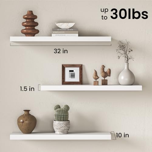Image of Fun Memories 32 Inch Floating Shelves for Wall, White Wood Wall Mounted Shelf with Invisible Bracket, 10 Inch Deep Large Shelves for Living Room Bathroom Bedroom, Set of 3