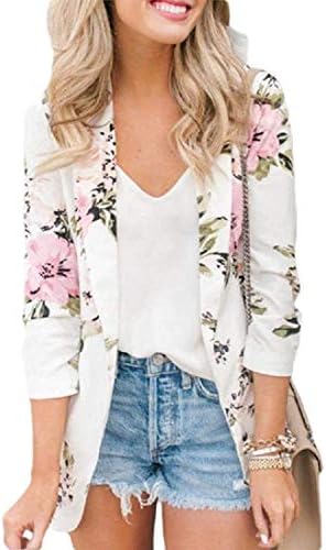 Women Casual Long Sleeve Open-Front Floral Print Blazer Jacket,White,US X-Small