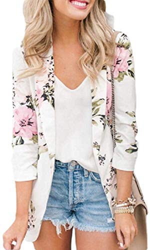 Women Casual Long Sleeve Open-Front Floral Print Blazer Jacket,White,Us X-Small #TOP17