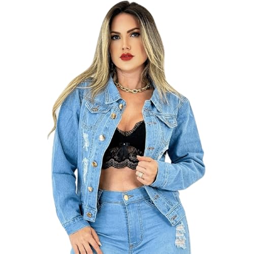 Jaqueta Jeans Clara com 7 Botões, Rasgada (BR, Alfa, M, Regular, Regular, 100, azul claro)
