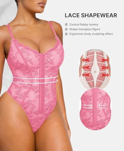 Image of SHAPELLX Lace Bodysuit for Women Tummy Control Shapewear Backless Body Suits One Piece Body Shaper Thongs
