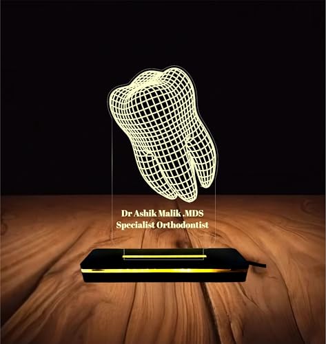 Image of PRINTKART Doctors Name and Designation Personalised LED 3D Illusion Lamp Gift for Doctor Laser Cut Acrylic Transparent Material 6 x 4 Inches, Dentist Tooth with Wooden Base