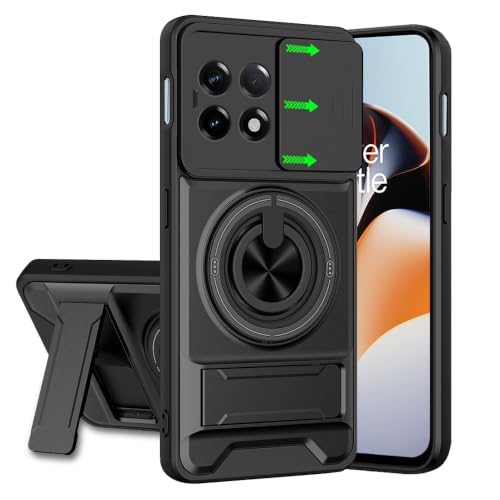 Image of Oneplus 11R 5G Back Cover | Armor Camera Slider 360 Degree Rotating Finger Ring Holder Case with Bracket Stand Back Case Cover (Compatible with MagSafe Accessories) (Black)