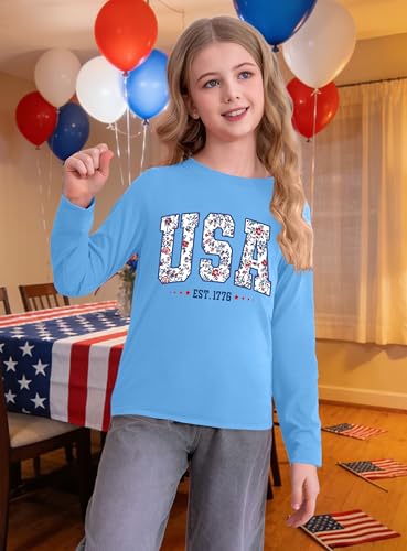 Image of Ithalt 4th of July Outfit Kids Girls American T Shirt USA T-Shirt Fourth of July Tops Patriotic Long Sleeve Tops