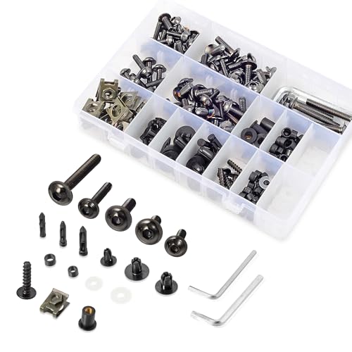Motorcycle Fairing Bolt Kit 210pcs 304 Stainless Steel M5 M6 Fairing Screws Fasteners Universal Nut Clips Maintenance Restoration Kit for Kawasaki Suzuki Honda Yamaha BMW (Black)