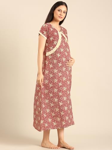 Image of Rupa Jon Aishwarya Women Full Length Maternity Night Dress in Cotton Blend Fabric, Maxi Nighty, Pregnancy Night Dress for Nursing, Pre and Post Pregnancy