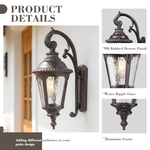 Image of Emliviar 19.7 inch Outside Wall Sconce Porch Light with Oil Rubbed Bronze Finish, Water Ripple Glass Front Door Wall Lighting for Yard, XE265B-S ORB-SW