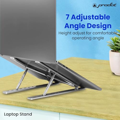 Image of ProDot Multi-Angle Metal Portable Foldable Laptop Stand with 7 Adjustable Height, Anti-Slip Silicone Pads & Overheating Protection, Compatible with 10-15.6 Inch Laptops (Aluminium, Silver)