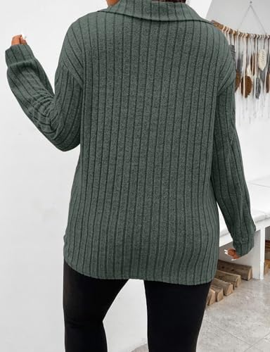 Image of Koscacy Women Plus Size Casual Knit Sweater Lapel V Neck Solid Color Tops Lightweight Long Sleeve Blouses