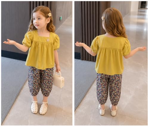 Image of Bold N Elegant Girls Floral Print Balloon Sleeve T-Shirt Top and Capri Shorts Summer Clothing Set for Infant Toddler Baby Girls