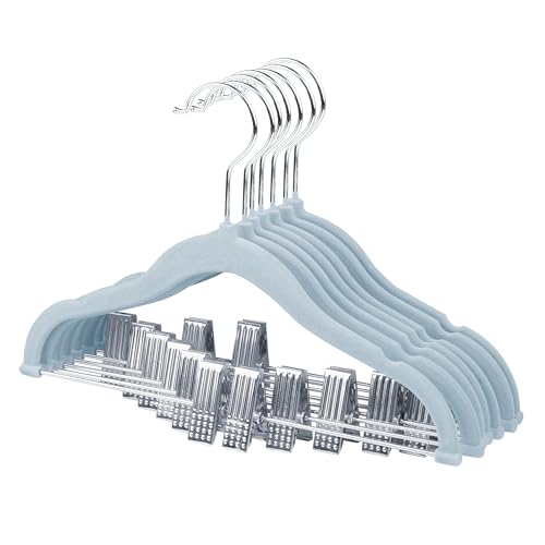 ManGotree Perchas de Terciopelo para Bebé con Clips Móviles, Perchas Antideslizantes de 30 cm, Perchas Infantiles Que Ahorran Espacio para Faldas, Pantalones, Vestidos, Camisas (Paquete de 7, Azul)