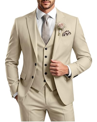 TIJOFA Beige 3 Piece Mens Suit Slim Fit Suit Men Wedding Grooms