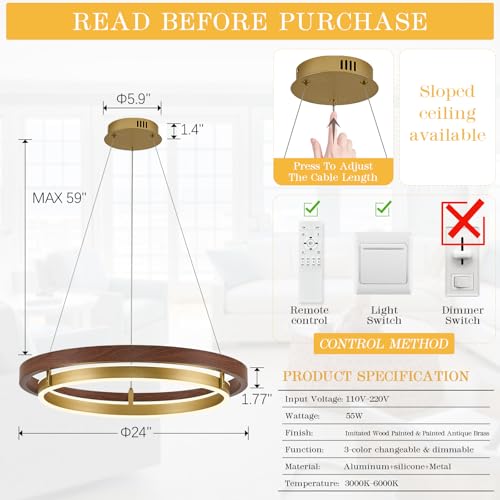 Image of LED 2 Ring Brass Gold Chandelier Dimmable Up Down Light Gold Walnut Wood