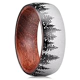 King Will Mens Forest Titanium Ring Laser Nature Forest Tree Mountain Landscap Pattern Inner Hole Wood Inlaid Wedding Band for Men Domed Matte Brushed Comfort Fit 10.5