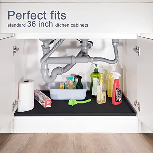 AECHY Under Sink Mat, 34\" x 22\" Silicone Under Sink Liner, Under Kitchen Sink Mat with Unique Drain Hole Design, Waterproof & Flexible Sink Mats for Kitchen, Bathroom and Laundry Room Black