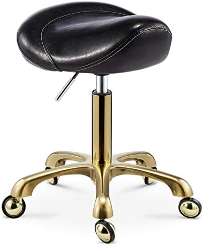 Master Saddle Stool with Wheels，Gas Lift Stool with Gold Frame Black PU Synthetic Leather Seat，Adjustable Height 40-66 cm，Supported Weight 160 Kg，Office Stool Ergonomicfor Tattoo Facial Massage Manic