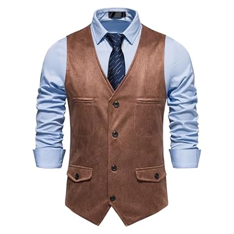 MakingDa Kowbojska kamizelka męska na co dzień vintage zamszowa kamizelka westernowa dekolt w serek sztuczna skóra talia płaszcz, Khaki, M