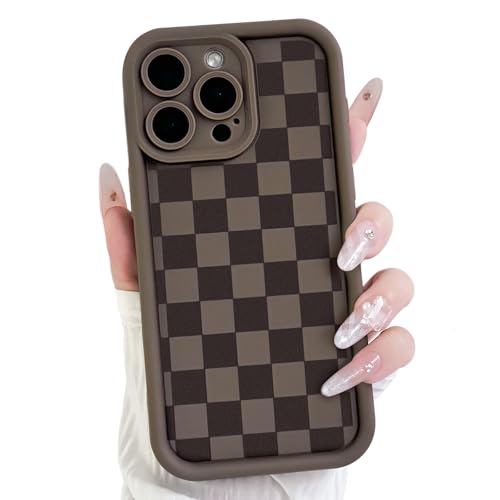 Lovmooful Compatible for iPhone 14 Pro Max Case Aesthetic Cute Checkerboard Lattice Plaid with Color Design for Girls Women Soft TPU Shockproof Protective Girly for iPhone 14 Pro Max Case-Brown