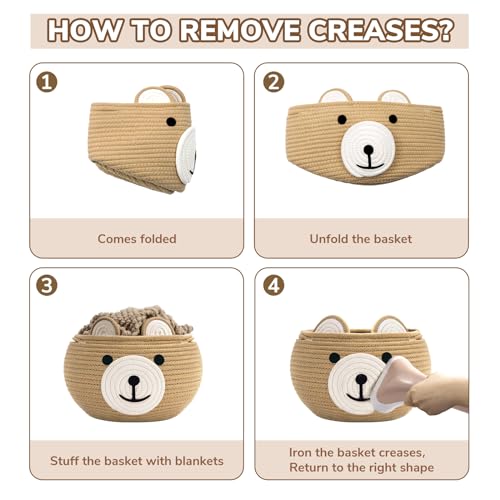 CherryNow Cotton Rope Baby Basket for Nursery, Bear Gift Baskets for Kids, Empty Baby Shower Basket with Handles, Small Cute Animal Baskets, Brown, 10.5"D x 8.5"H