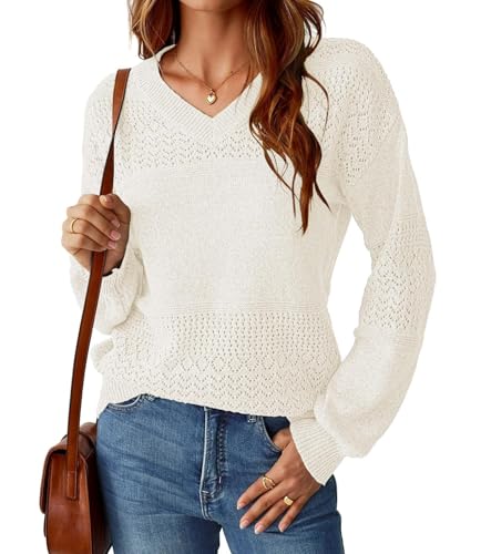 NORACORA Women's V Neck Fall Sweaters Crochet Soft Lightweight Ribbed Knit Loose Pullover Sweater Long Sleeve Tops 2025 Trendy Outfits White — view 6