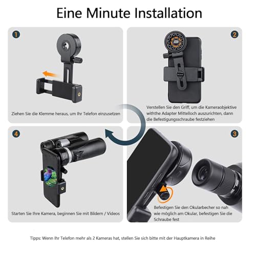 CAM2 Teleskop-Handy-Adapter, Spektiv, kompatibles Fernglas, Monokular, Mikroskop, Teleskop, Smartphone-Halterung, Einfache Installation, Einstellbar, Verstellbarer Clip für alle Telefone