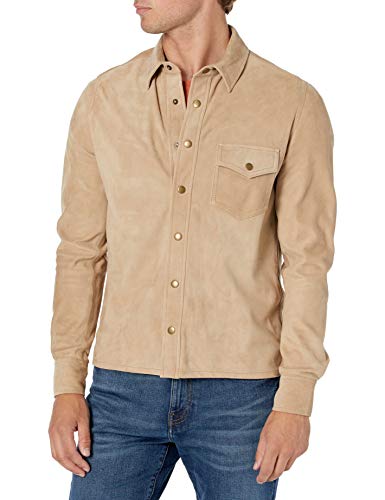 Billy Reid Men's Suede Antique Brass Snap Workshirt, Single Pocket Khaki, M