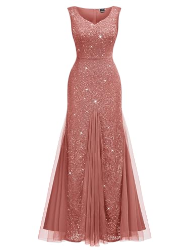 Image of Miusol Women's Elegant V Neck Sleeveless Sequin Lace Evening Party Dress