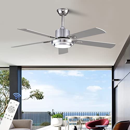 Boomjoy 52”Wood Ceiling Fans With Lights And Remote Control Indoor Outdoor Modern Silver Ceiling Fan With Led Bright Light For Living Room Bedroom Farmhouse Patios Garage Gazebo Dc Motor Dual 5 Blades #TOP1