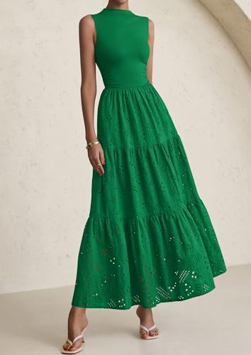Image of PRETTYGARDEN Summer Dresses for Women 2026 Casual Eyelet Sleeveless Wedding Guest Maxi Dress Tank Top Sundress with Pockets