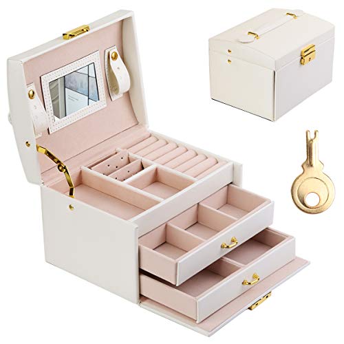 Preisvergleich Produktbild JOYUE Dreischichtige Tragbare Schmuckkästchen, Aufbewahrungsbox für Reiseschmuck, PU-Leder Schmuckbox mit Spiegel und Schloss für Uhren Ohrringe Ringe und Halskette (Weiß)