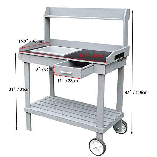 Wooden Outdoor Garden Potting Bench - Work Station Table with Sink Wood Patio Furniture Natural Gardening Workbench Drawer Storage Space Open Shelf (Grey)