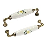 Mecion 4pcs Antique Ceramic Cabinet Pulls Yellow Flower Pattern Drawer Pulls Vintage Bronze Dresser Wardrobe Pull Handles (4.33' Length, 3.75' Hole Center)