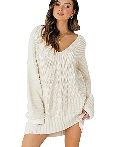 Robe Pull Long Col V Femme Sweater Grosse Maille Pullover Oversize Chandail Tunique Tricot Torsade Ample Large Hiver Pull-Over Tricoté Grande Taille Chaud...