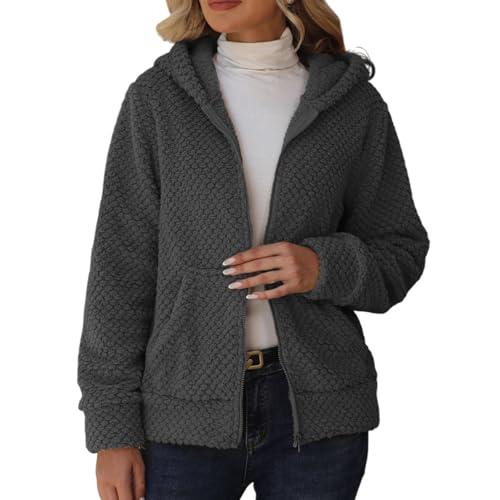 Veste polaire en peluche pour femme à fermeture éclair et capuche confort
