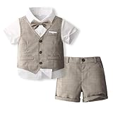 Volunboy Summer Toddler Wedding Outfit Boy Ring Bearer Outfit 4Pcs Short Sleeve White Dress Shirt Bowtie Shorts Vest Graduation Suits (Khaki, 12-18 Months)