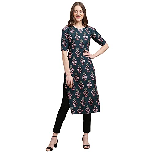 Pinkmint Women’s Crepe Teal Color Floral Printed Straight Kurti(MD-530335_L)