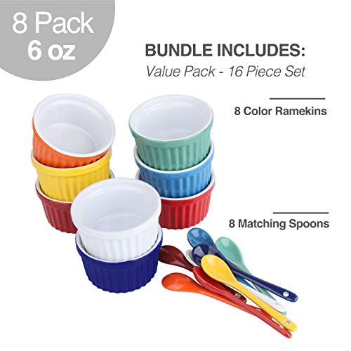 Souffle Dish Ramekins for Baking – 6 Ounce (Set of 8, Assorted Colors with 8 Extra Spoons) 6 Oz, 3.5-inch Ceramic Oven Safe Round Bowl for Creme Brulee Dessert Pudding Custard Cup Ice Cream Lava Cake