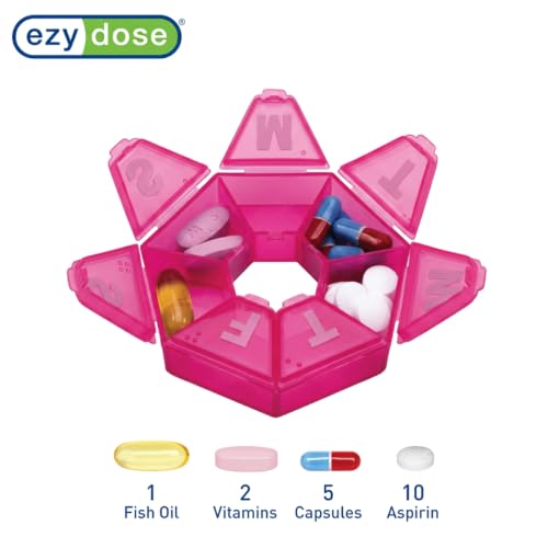 Image of Ezy Dose Weekly (7-Day) Pill Organizer, 7-Sided Medicine Planner, Pink | Compact Daily Round Vitamin & Supplement Medicine Case, Convenient and Easy to Use, Travel-Friendly Container, BPA-Free