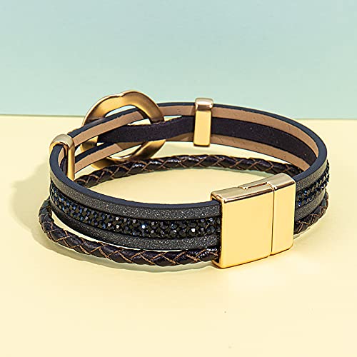 Fancy Shiny Leather Cuff Bracelet Circle Rhinestone Wrap Bracelet Stackable Multi Layer Wristband With Clasp Boho Jewelry Gift For Women(Navy Blue) #TOP4