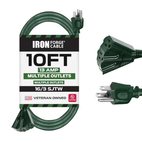 Iron Forge Cable 10ft Green Outdoor Extension Cord with 3 Outlets - 16/3 SJTW 10ft Extension Cord 3 Prong, 13 Amp All-Weather Heavy Duty Power Cable