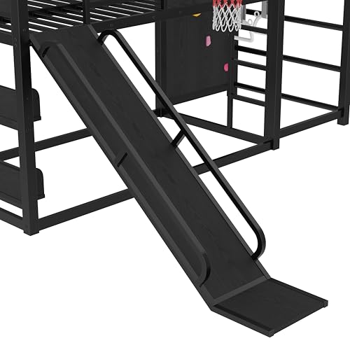 Image of Bellemave Bunk Bed Twin Over Twin with Slide, Basketball Hoop & Climbing Wall, Heavy Duty Metal Twin Bunk Beds for Kids with Guardrails, Low Bunk Bed for Bedrooms, No Box Spring Needed, Black